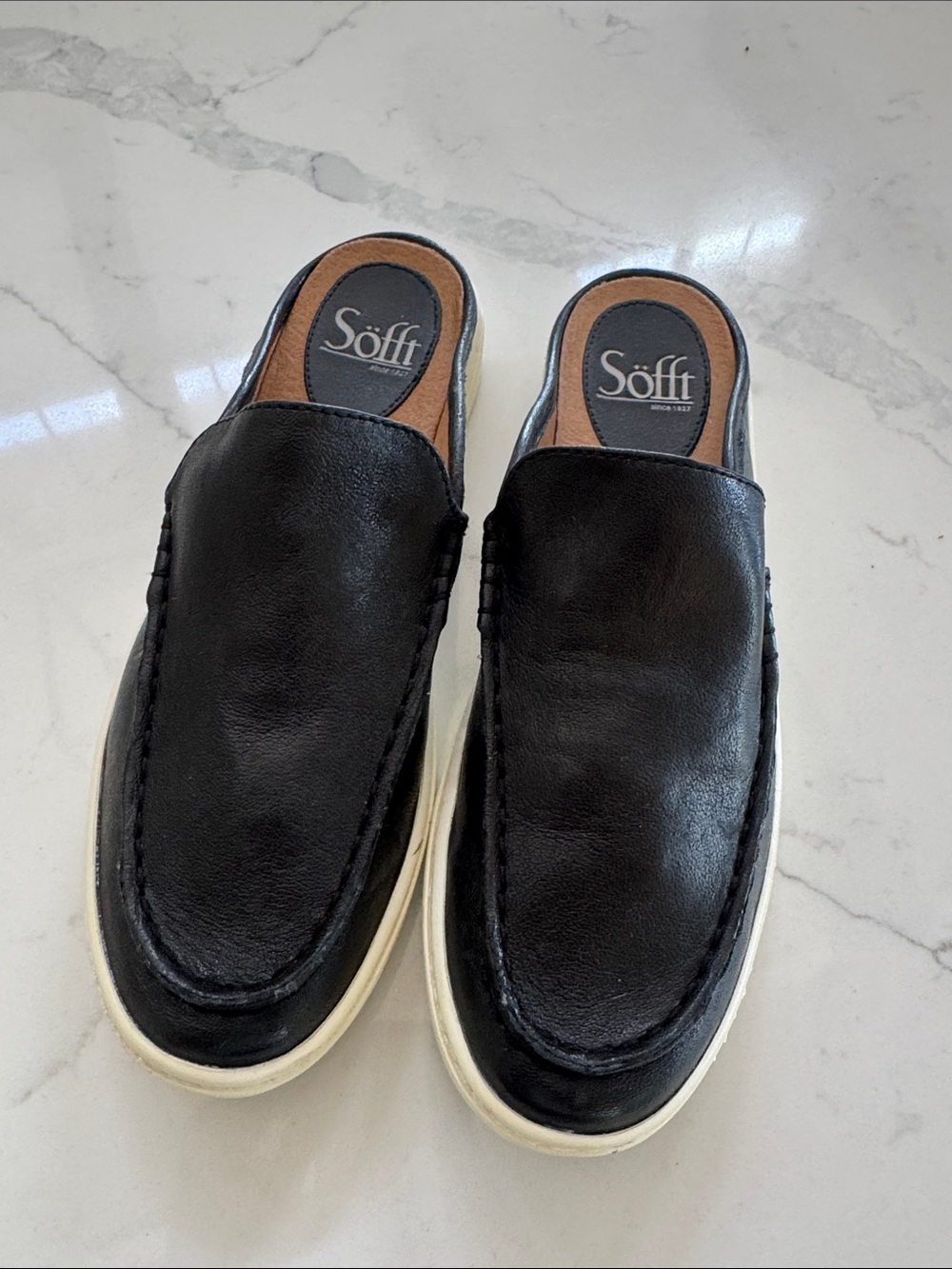 Sofft Black Leather Slip-On Mules with White Outsole